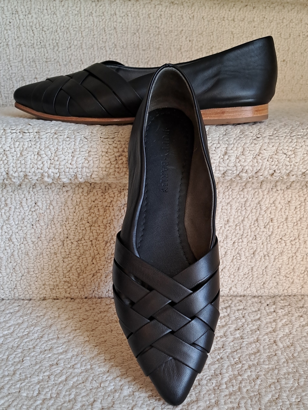 Poppy Barley Athena Black Woven Leather Pointy Flat.